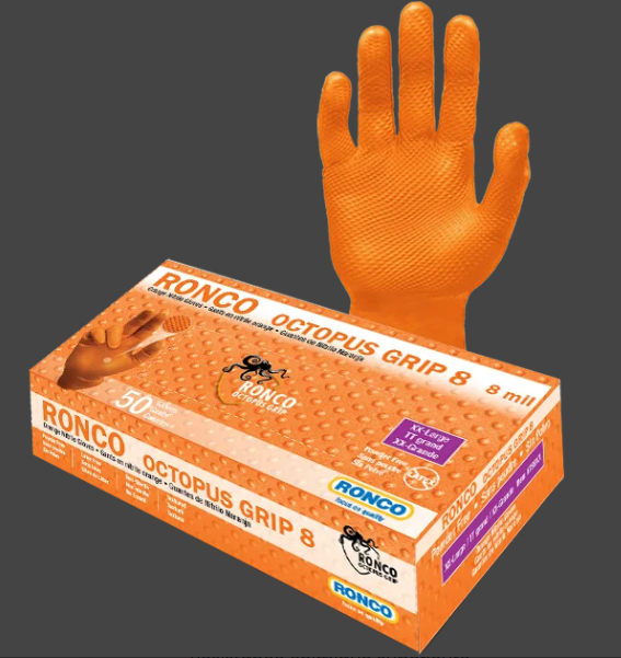 Octopus Grip 8 Gants d'examen en nitrile orange, Sans poudre, 8 Mil, Taille M 8.5 g - Caisse