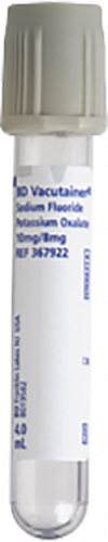 Tube BD Vacutainer® Floride (plastique) avec inhibiteur glycolytique, 10,0 mg de fluorure de sodium, 8,0 mg d'oxalate de potassium - BTE/100 CA/1000