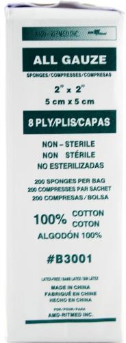 Ritmed® Éponges de gaze de coton 2x2po 8plis n/s tissées - PQT/200